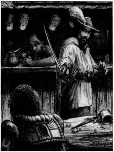 A man in a plumed hat points a saber at a person sitting at a table in a bar. There is a spilled drink on the table between them.